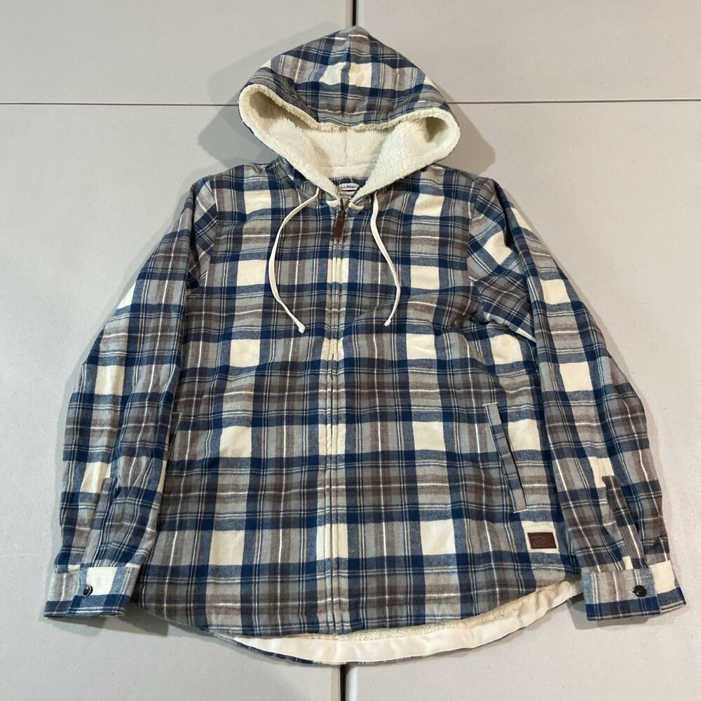 LL Bean Scotch Plaid Flannel Shirt Womens M Blue Sherpa Lined Zip Hoodie Indigo